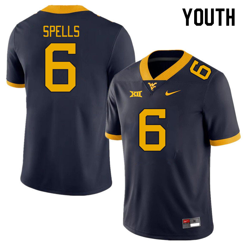 Youth #6 Jacolby Spells West Virginia Mountaineers College Football Jerseys Stitched Sale-Navy - Click Image to Close
